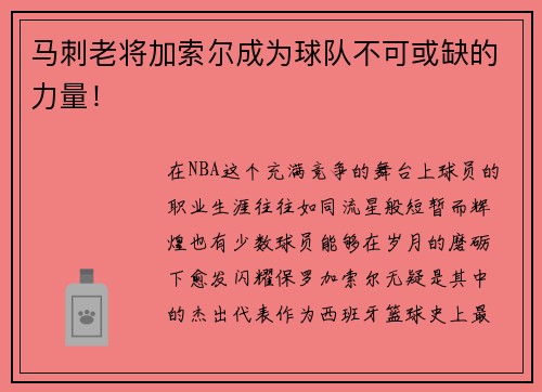 马刺老将加索尔成为球队不可或缺的力量！