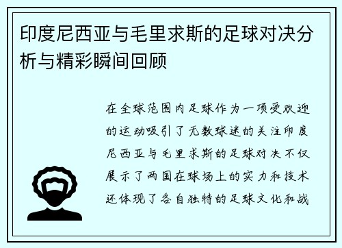 印度尼西亚与毛里求斯的足球对决分析与精彩瞬间回顾